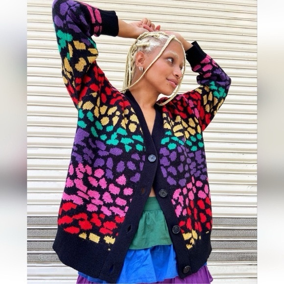 FARM RIO Rainbow Leopard Knit Colorful Oversized Cardigan Sz XS - Picture 1 of 7